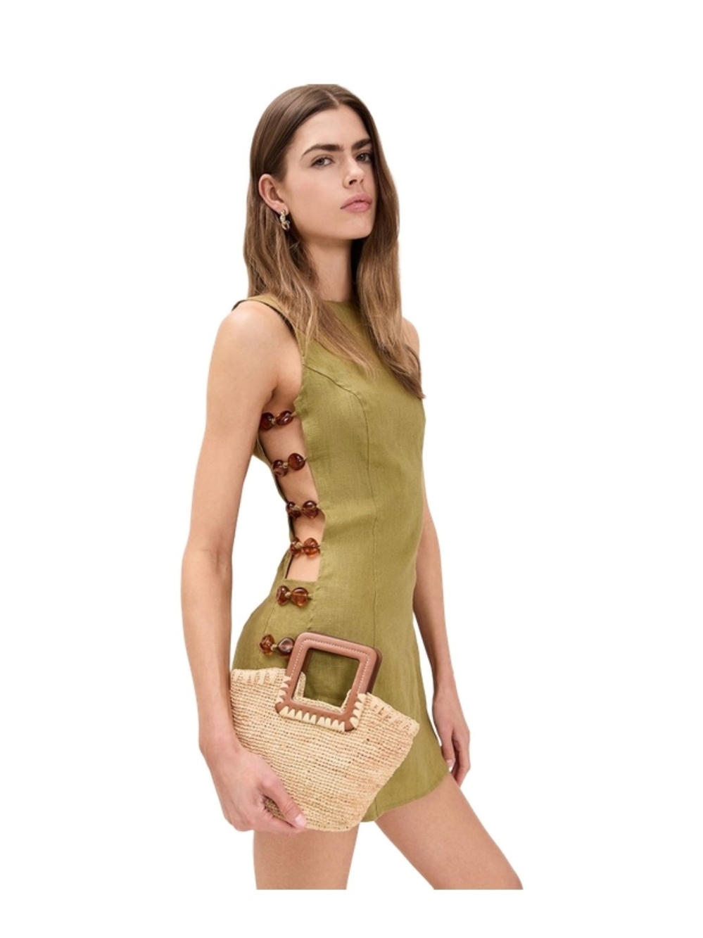 Sleeveless Olive Mini Dress with Tortoiseshell Side Rings